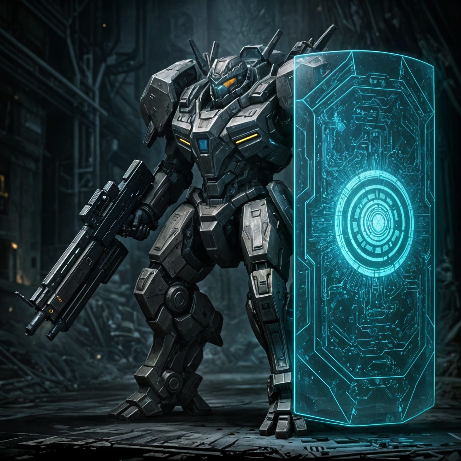 Cybernetic Warrior Wields Glowing Shield and Rifle in Darken...