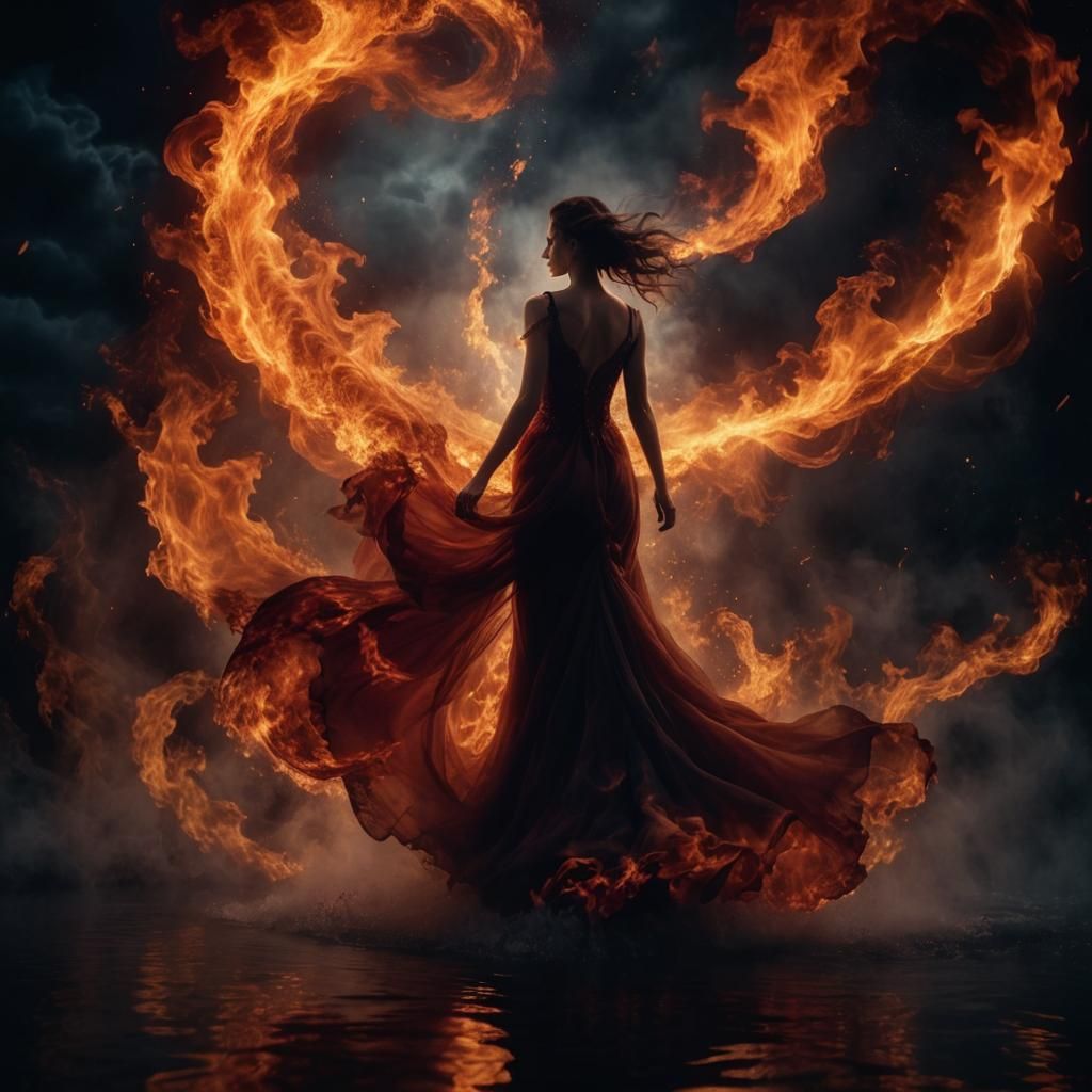 Woman Emerges from Fire Lake in Gown of Flame
