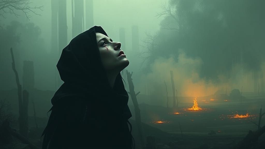 Tormented Figure Seeks Salvation in Desolate Landscape