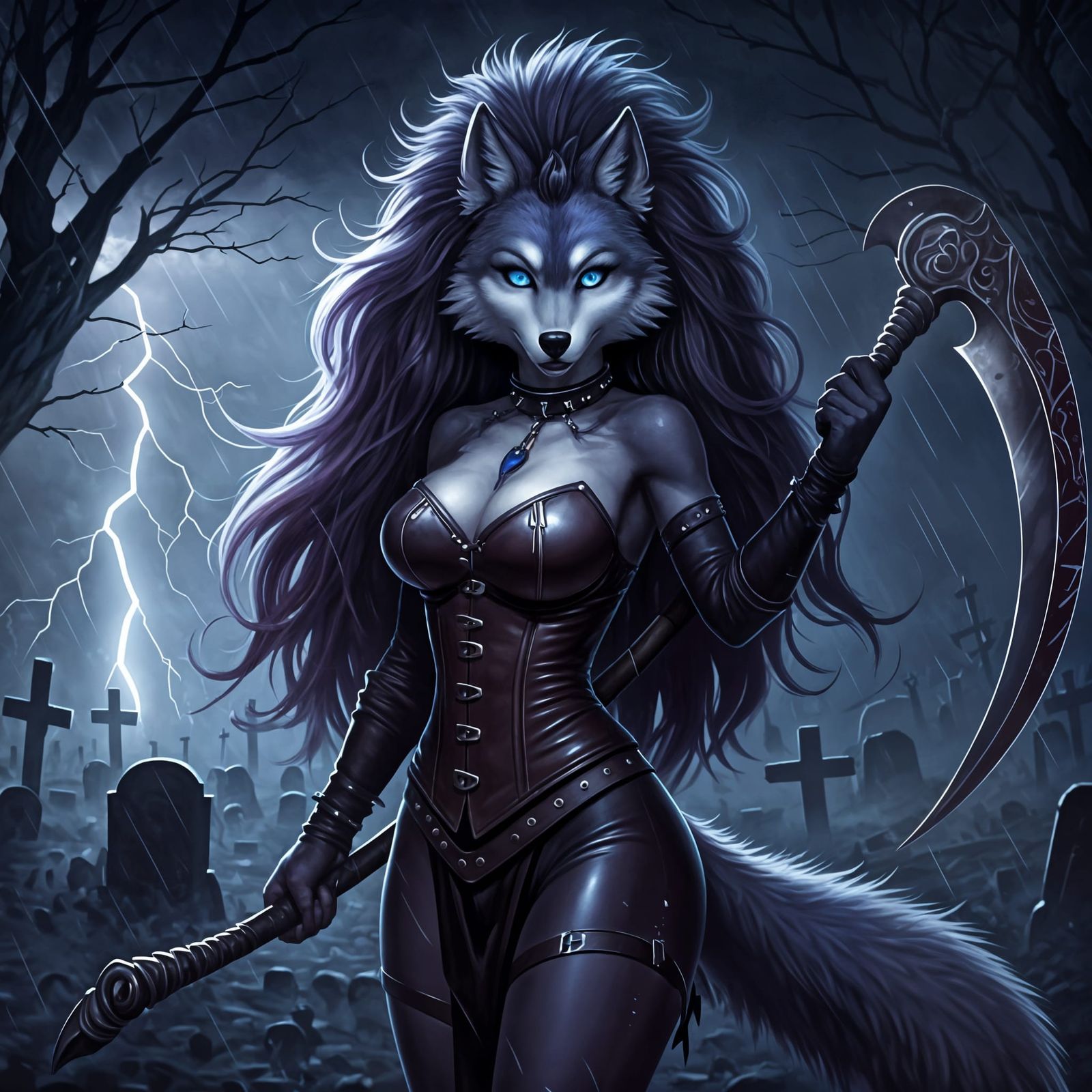 Anthro She-Wolf Graveyard Scene in Dark Fantasy Style