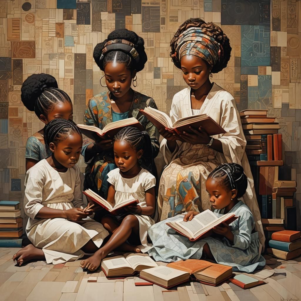 Black Girls Reading Books in Hypermodern Art Brut Style
