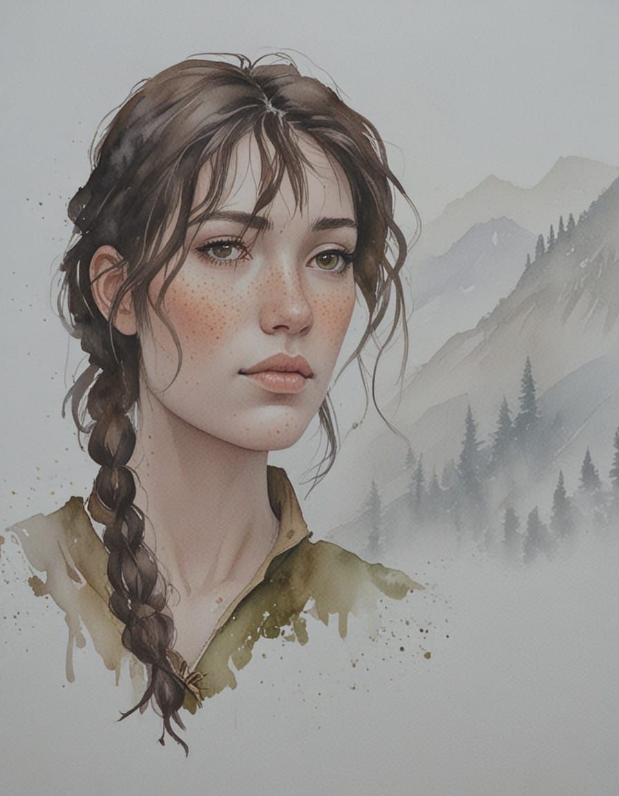 Realistic Watercolor Portrait of a Mature Female Ranger in a...