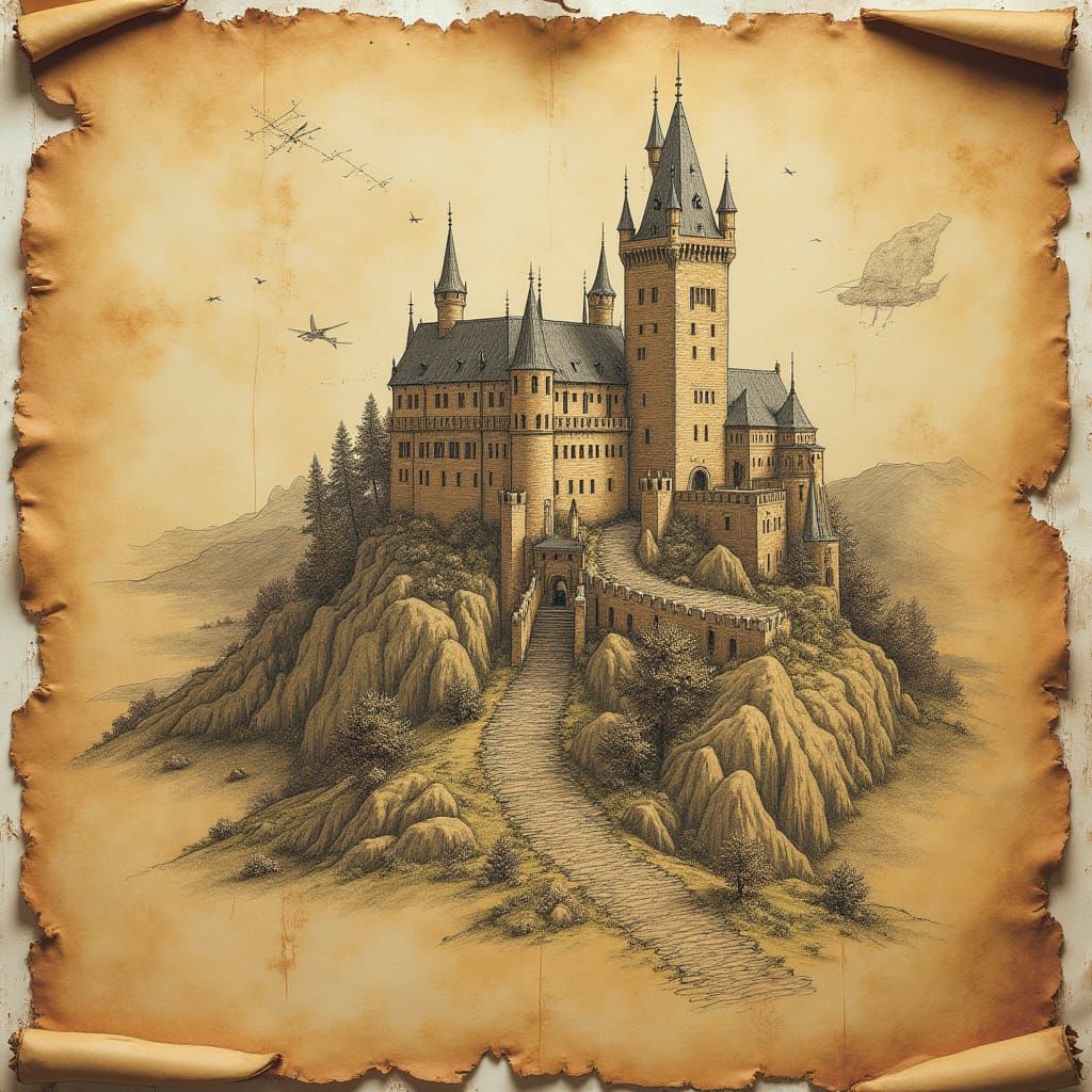 Medieval Castle Landscape Map in Ancient Parchment Style