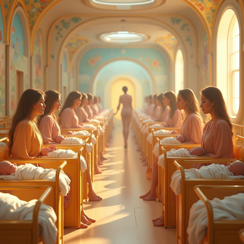 Future Mothers Cradle Newborn Clones in a Utopian Nursery