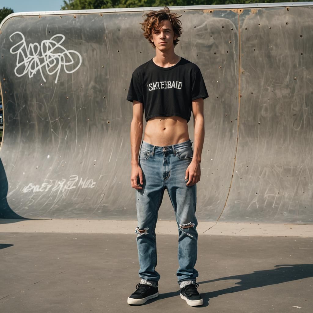 Shirtless Skateboarder at Skate Park Portrait