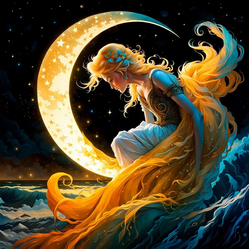 Girl on Crescent Moon Over Tumultuous Sea