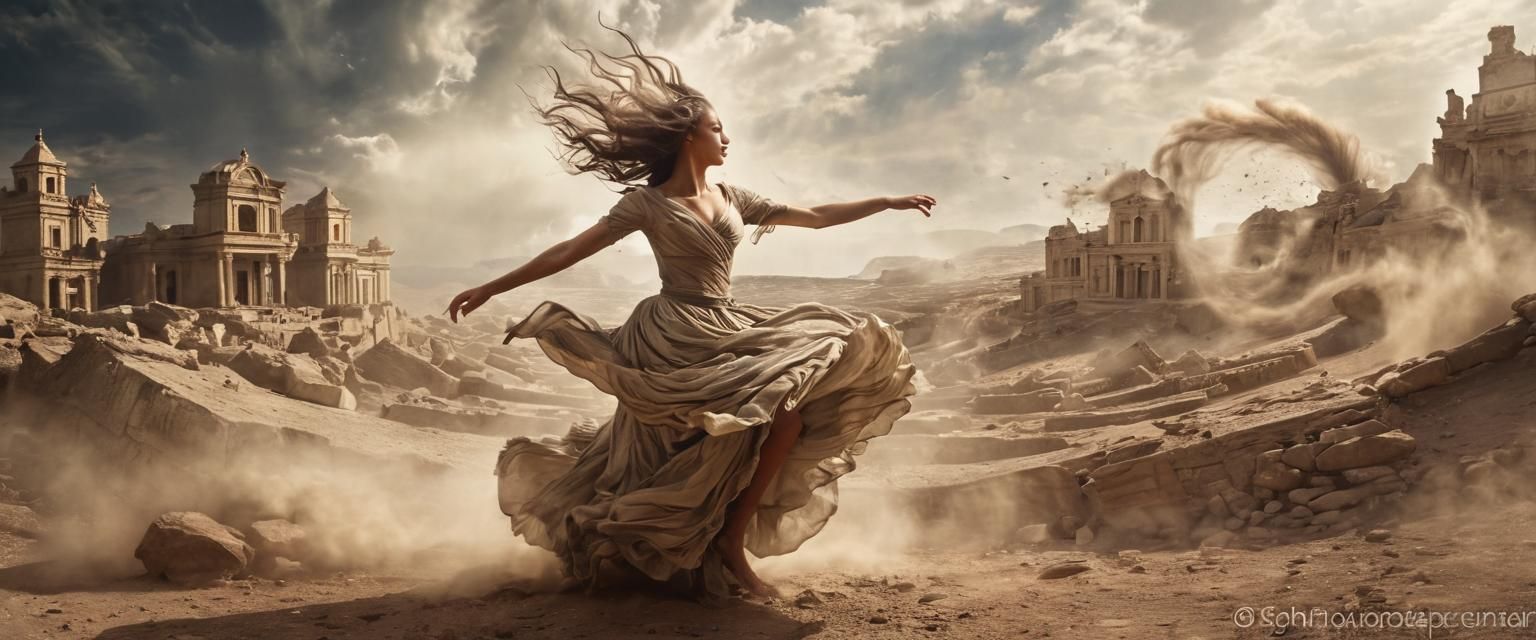 Dancer Caught in a Whirlwind of Dust Amid Ancient Ruins in a...