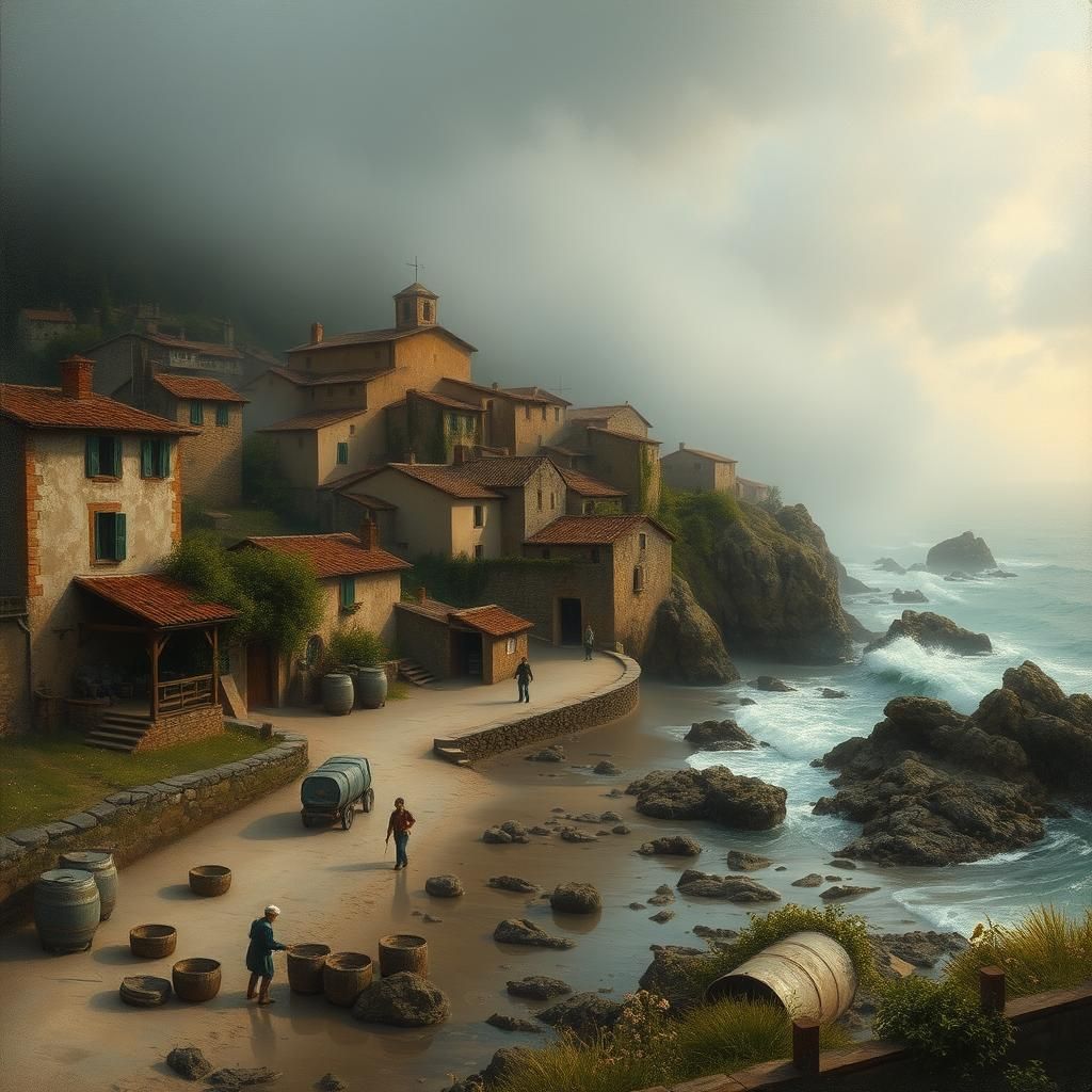 Misty Coastal Village in the Style of Old Masters