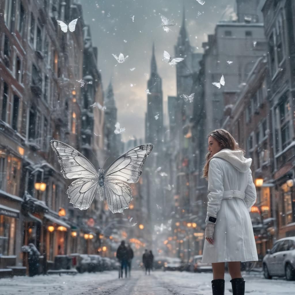 Icy Butterfly Visits Snowy City, Hyperrealistic Image