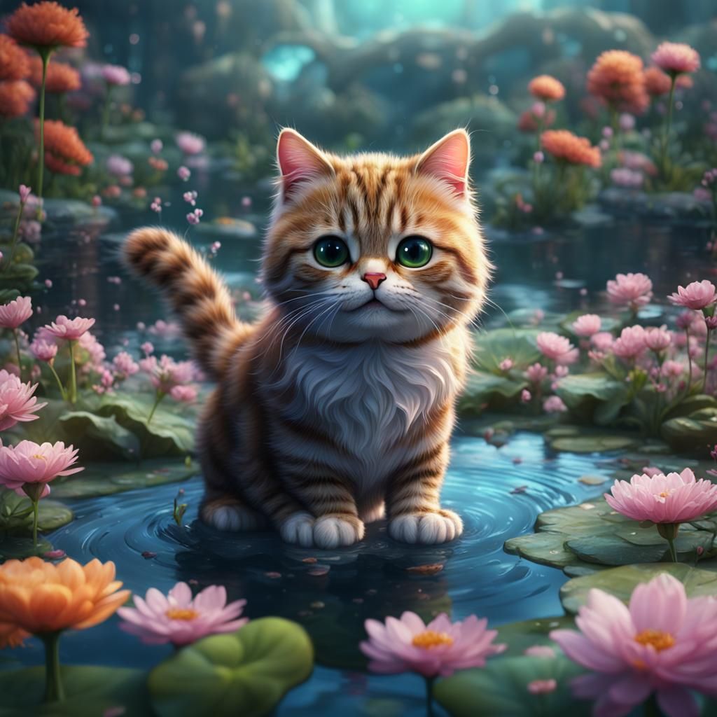 Cute Cat in a Flowering Pond
