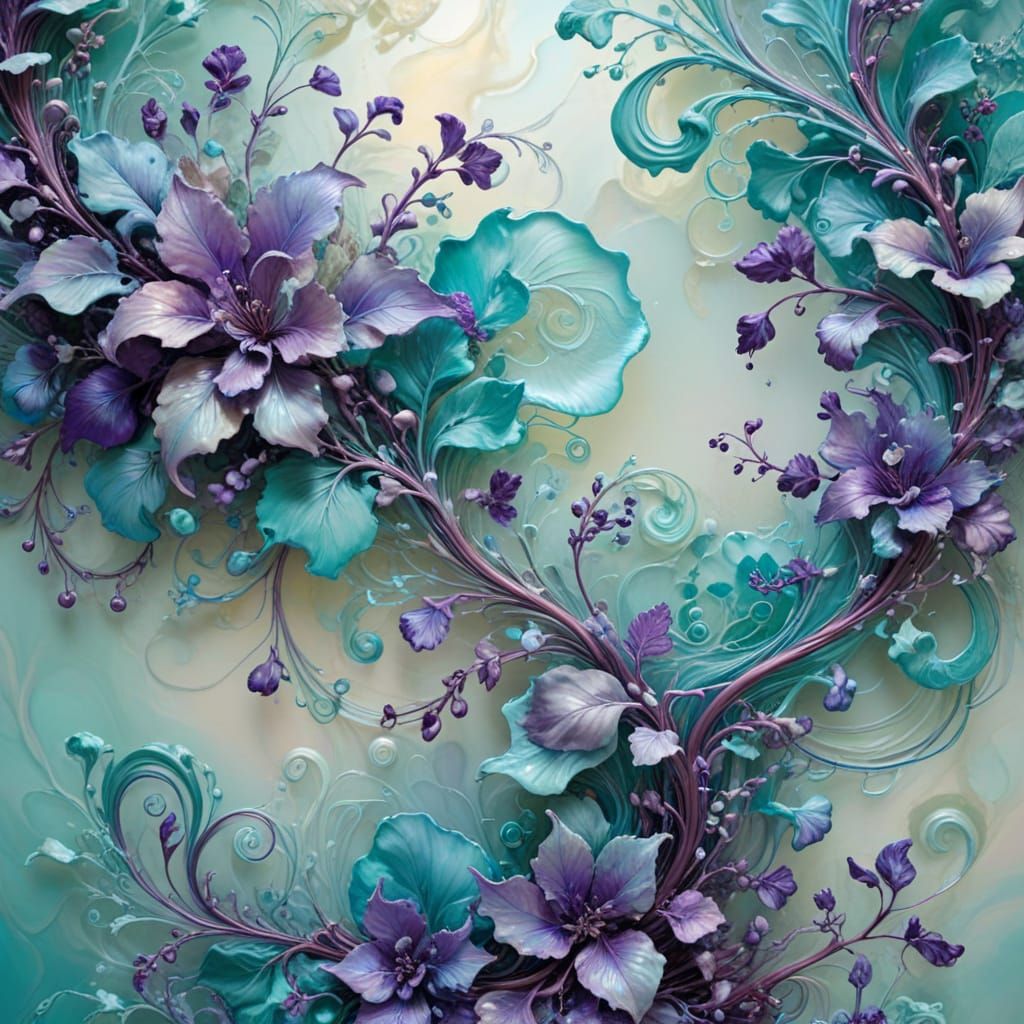 Turquoise and Purple Abstract Botanical Spirals