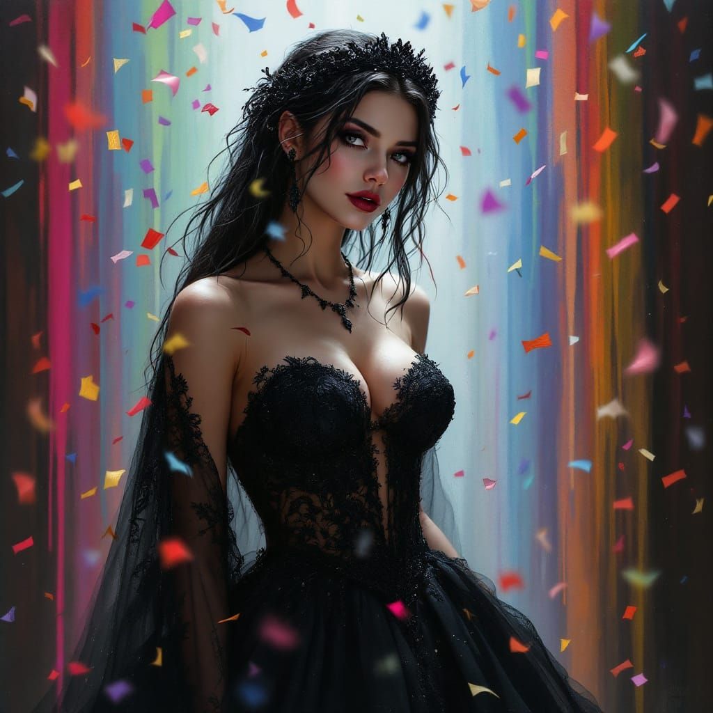 Goth Bride in Black Wedding Dress with Rainbow Confetti