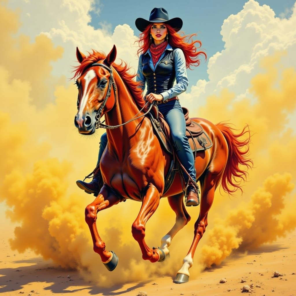 Fierce Woman on Horseback in Retro Oil Painting