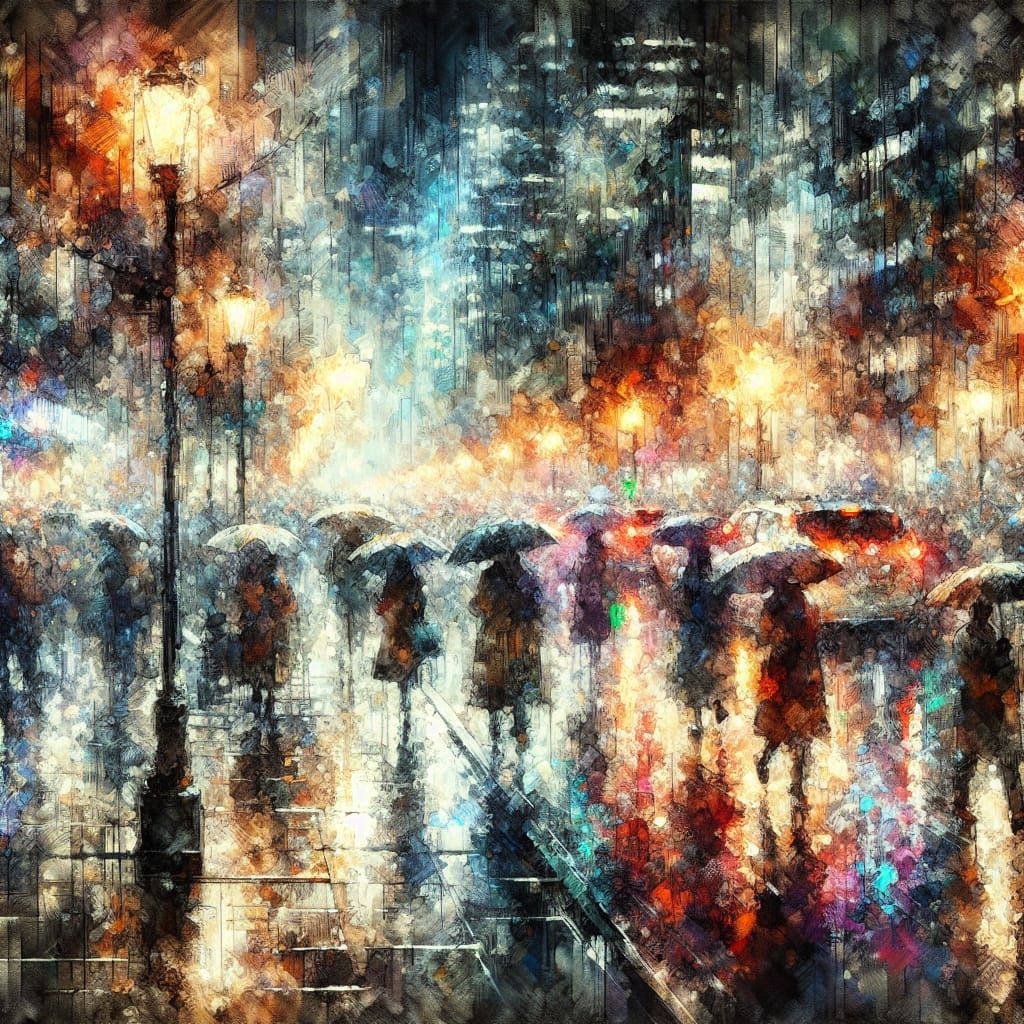 Rainy City Street Scene in Impressionist Style