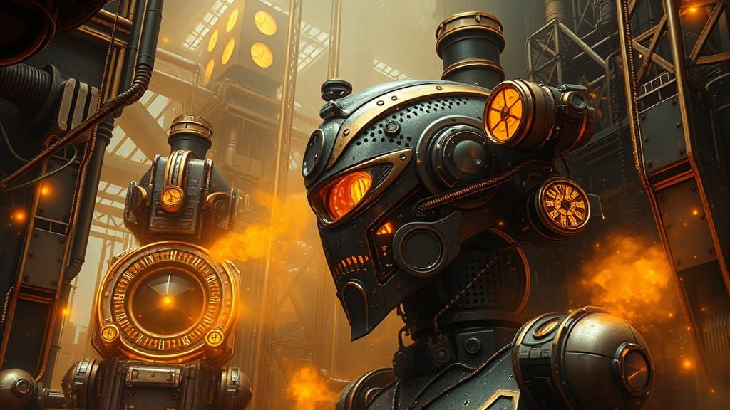 Steampunk Cyborgs Forge in Amber-Lit Factory