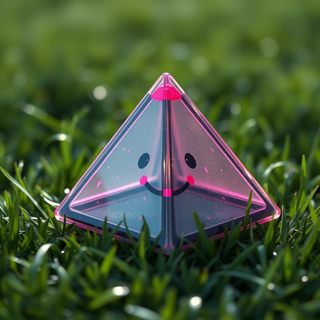 Surreal Plastic Pyramid in Serene Grassland
