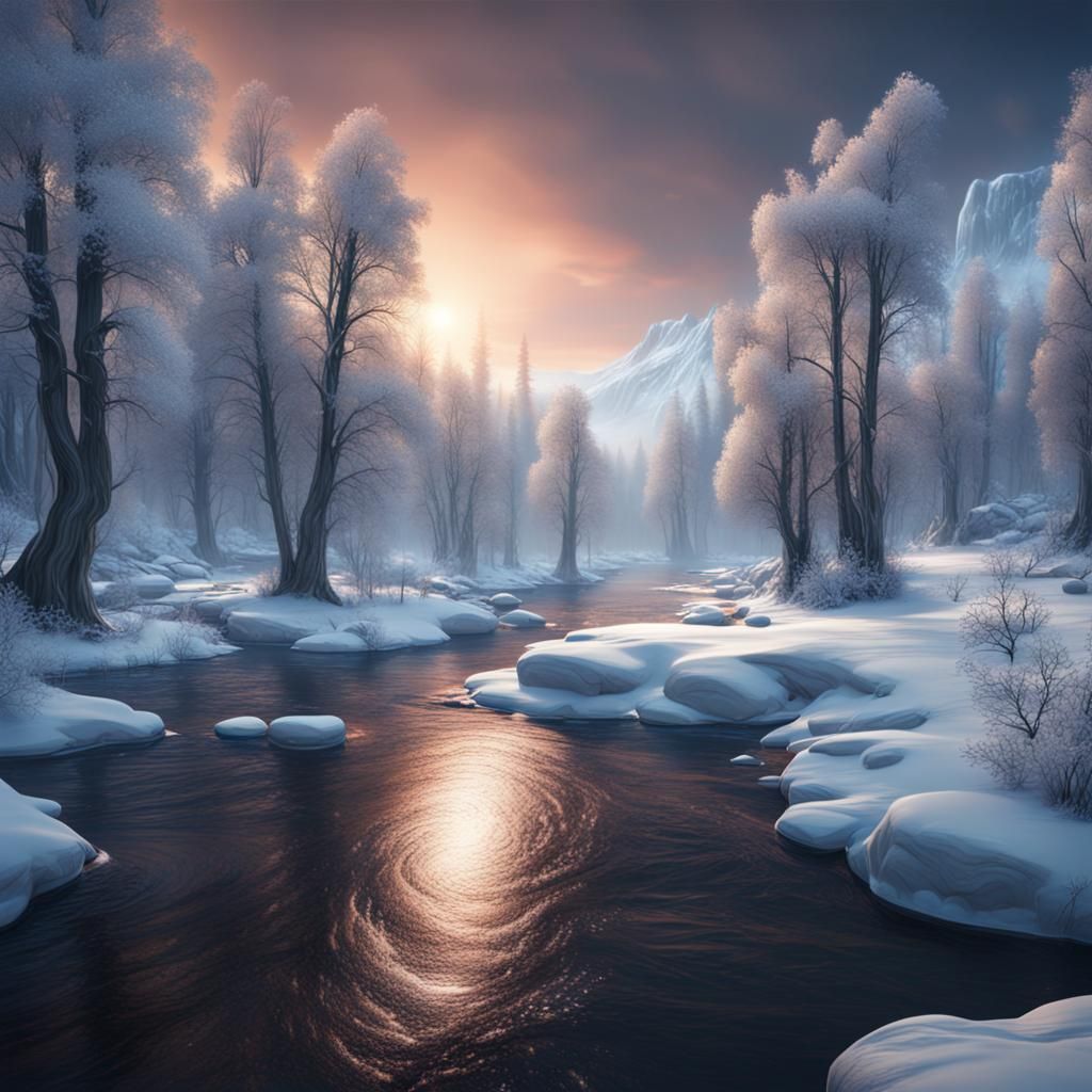 Frozen Winter River Under Northern Lights