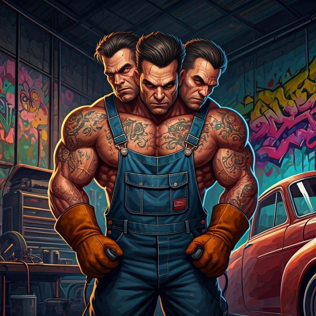 Three-Headed Tattooed Man Builds Car in Graffiti Garage