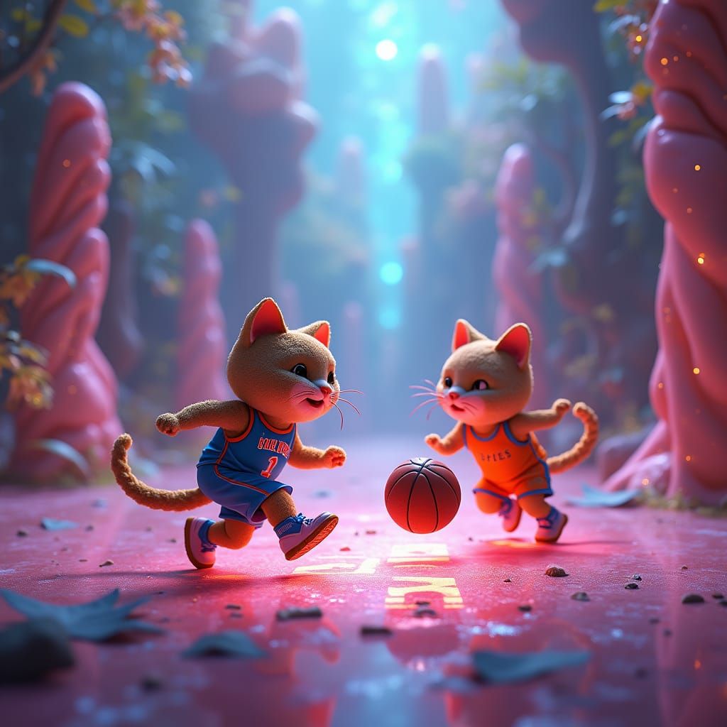 Fanciful Doughnut Cats in Vibrant Basketball Scene