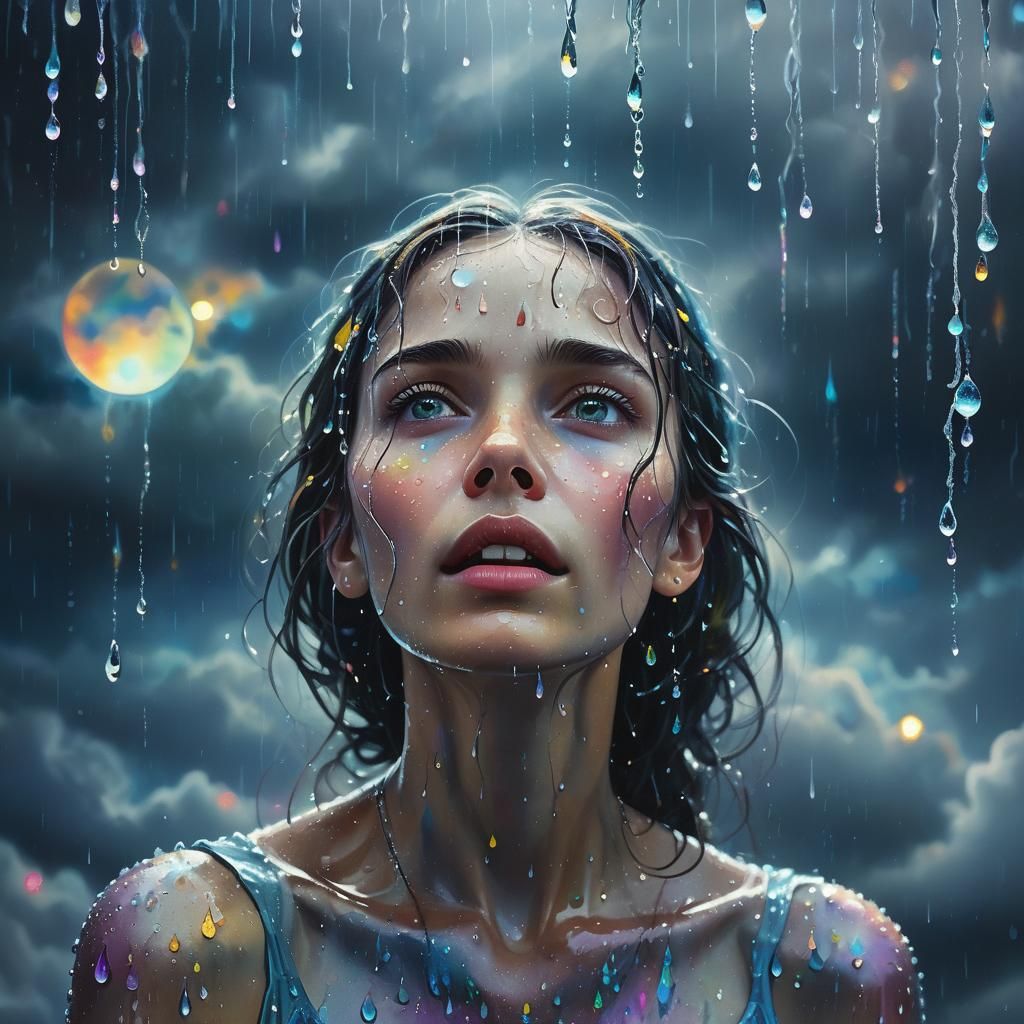Rain Woman in Surreal Cosmic Oil Painting