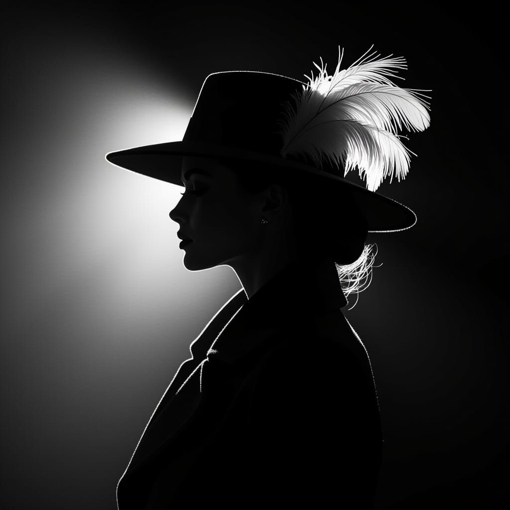 High Contrast Woman in Hat, Monochrome Photo Style
