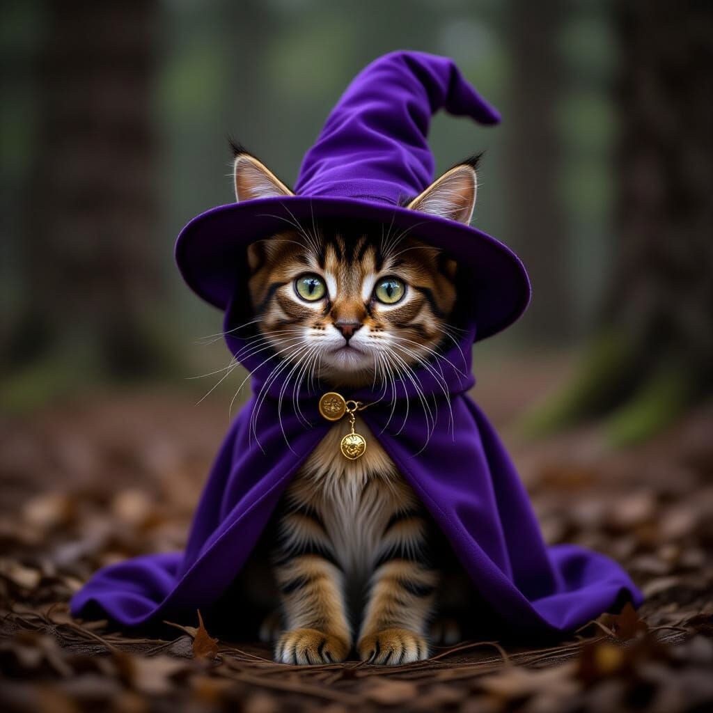 Abyssinian Kitten Wizard in Dark Woods