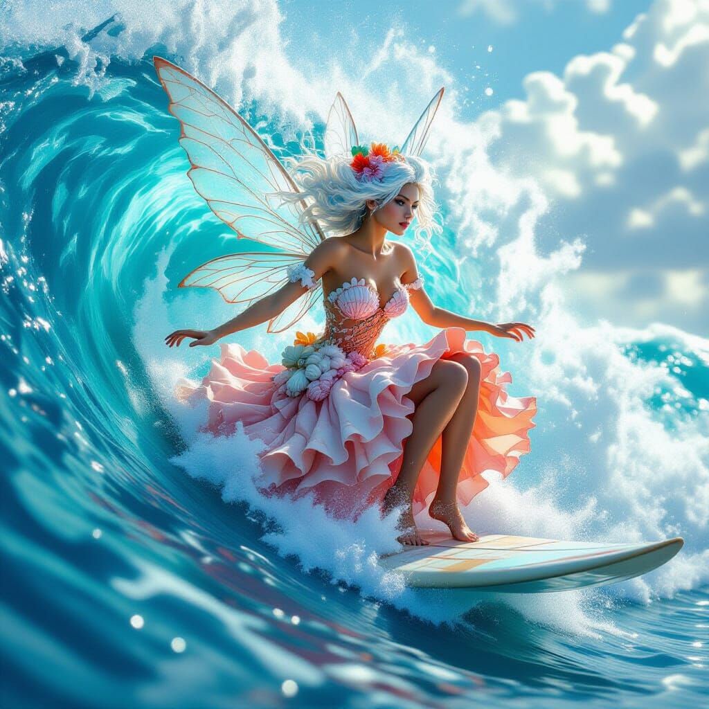 Wave-Riding Sea Fairy in Dreamy Realism Style