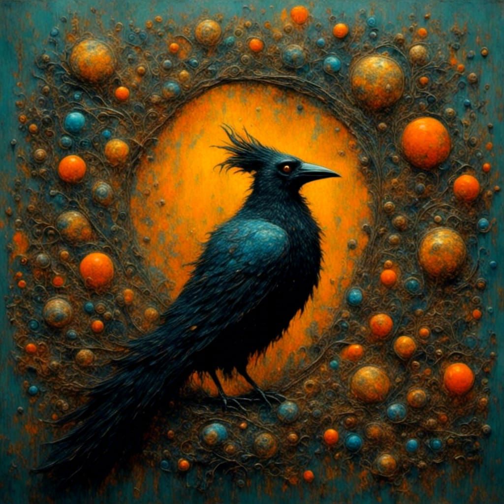 Whimsical Raven with Colorful Feathers in Naive Art Style