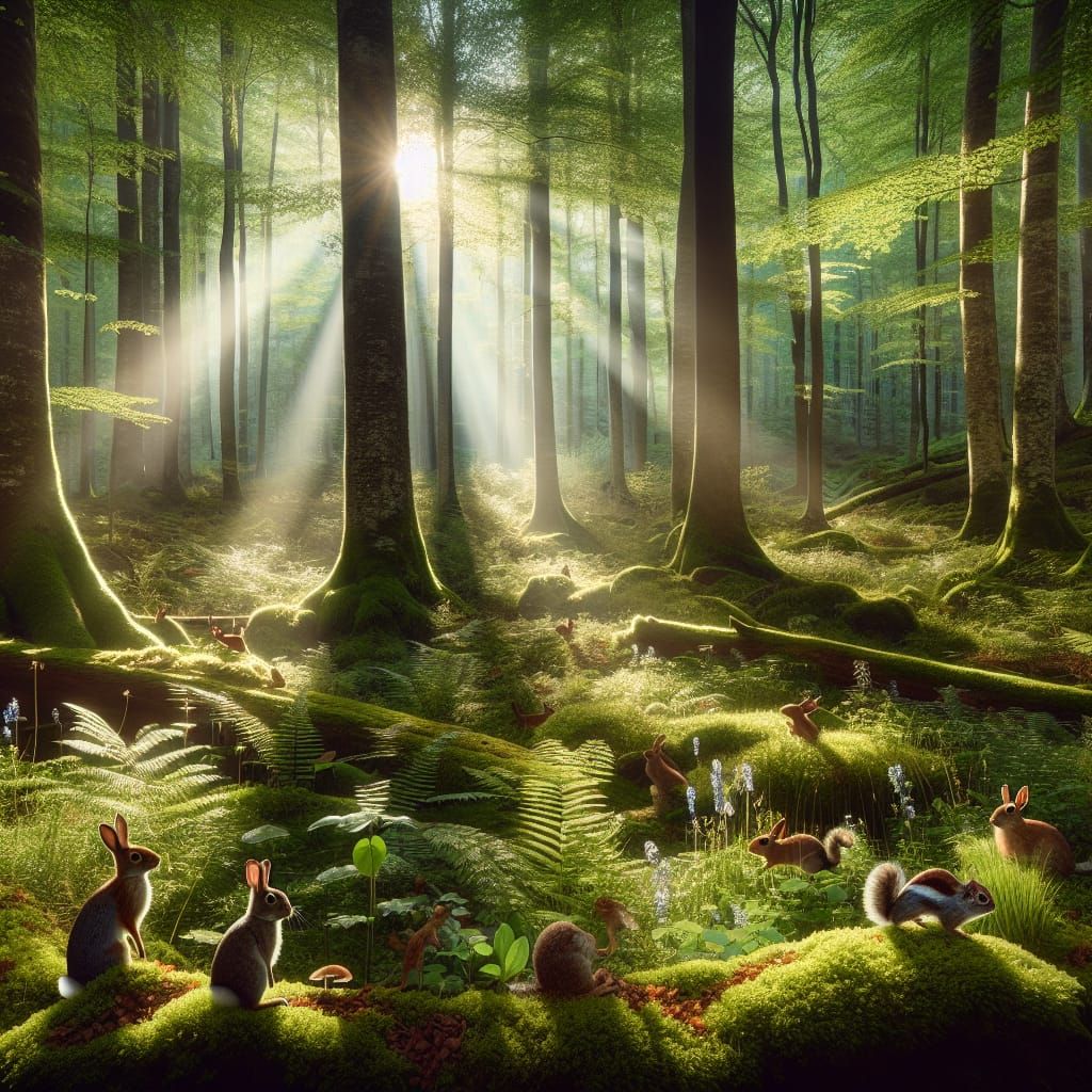 Ultra-Photorealistic Forest Scene with Sunlight and Wildlife