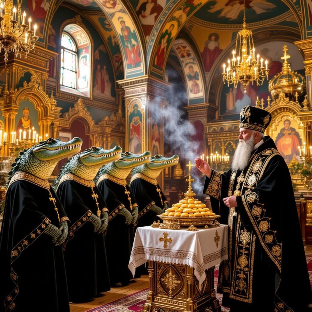Mysterious Orthodox Church Scene with Crocodiles and Priest ...