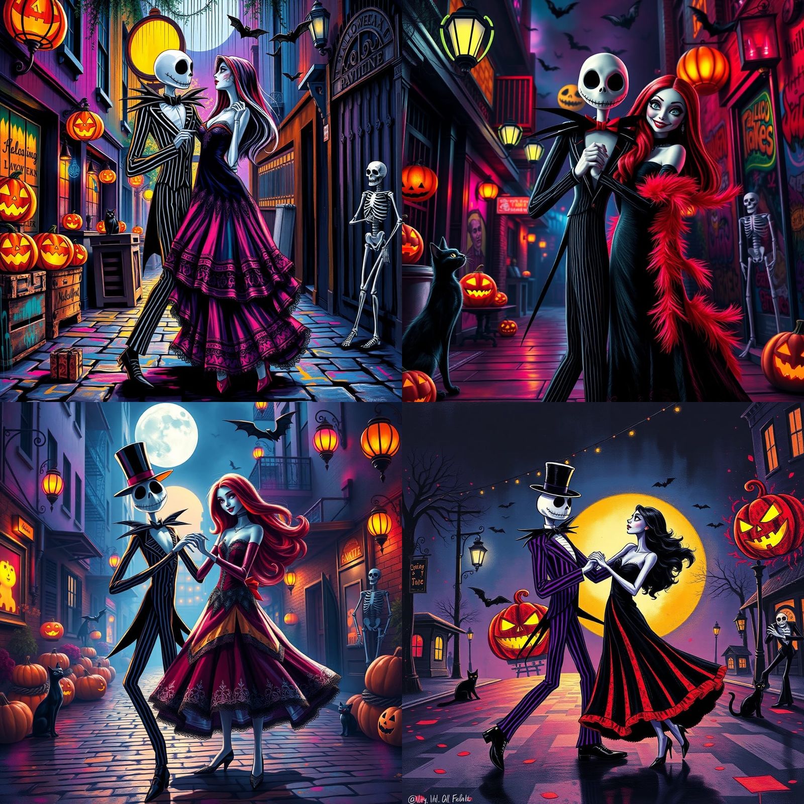 Jack and Sally Dancing at Halloween in Graffiti Style