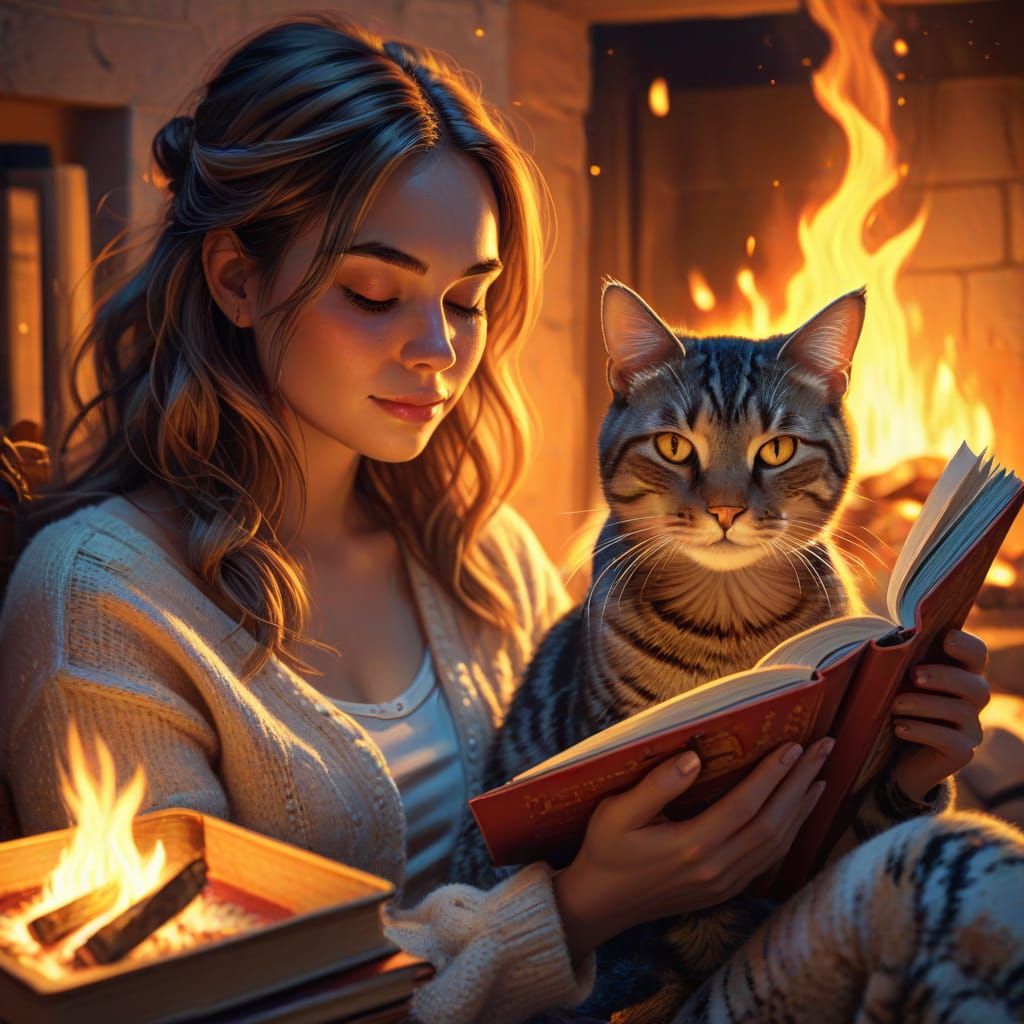 Cozy Woman Reading by Fire with Tabby Cat