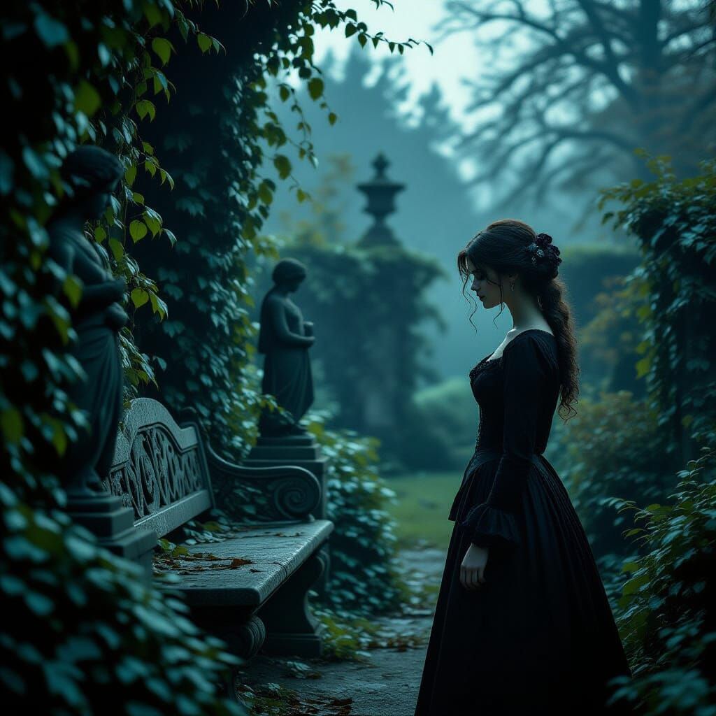 Melancholy Woman in Forgotten Victorian Garden at Dusk