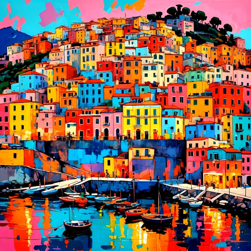 Amalfi Coast Town in Warhol-esque Pastel Drawing