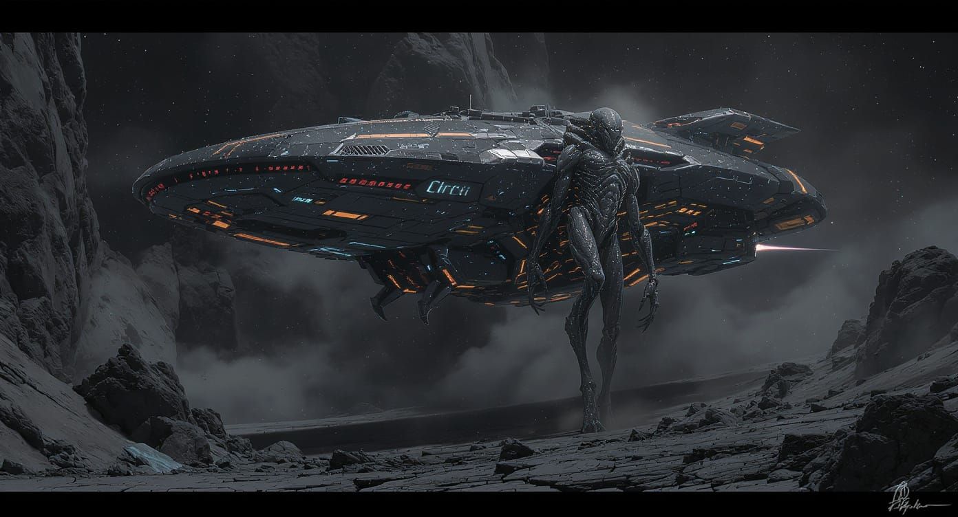 Alien Spaceship Landing on Rocky Planet, Comic Style