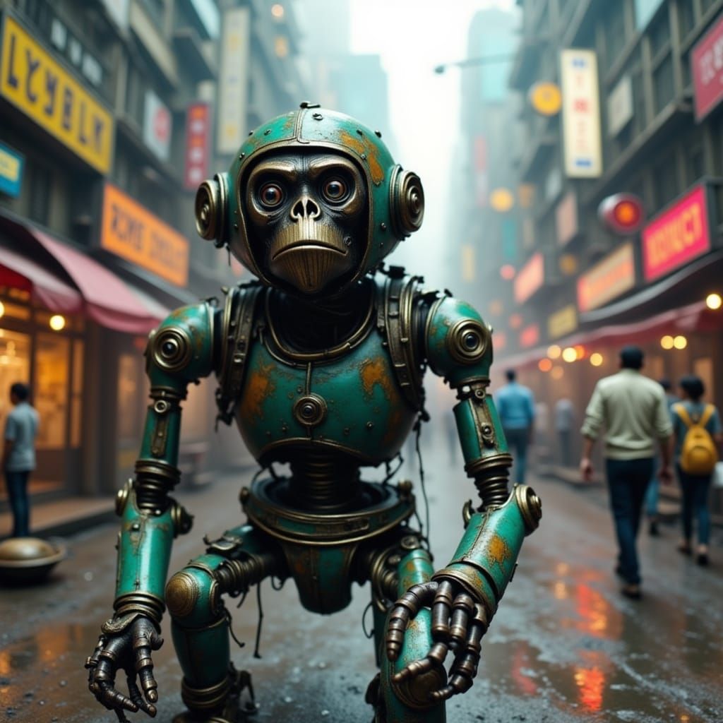 Robotic death monkeys terrorizing the city of Mumbai, India. <lora:BoB:1.0>