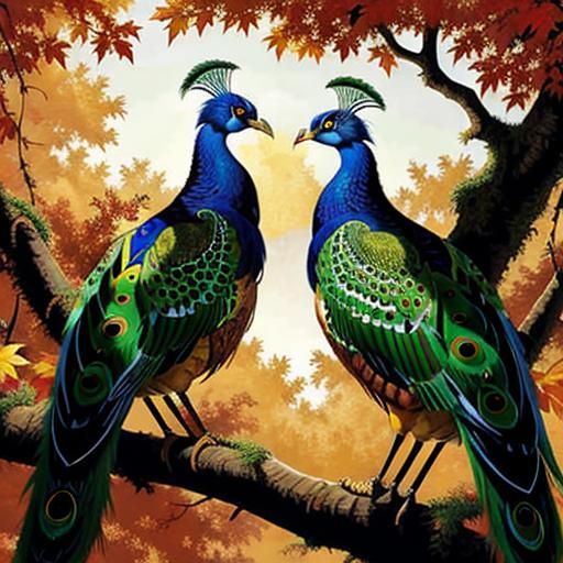 Peacocks on Branch in Golden Sunlight, Detailed 2D Art
