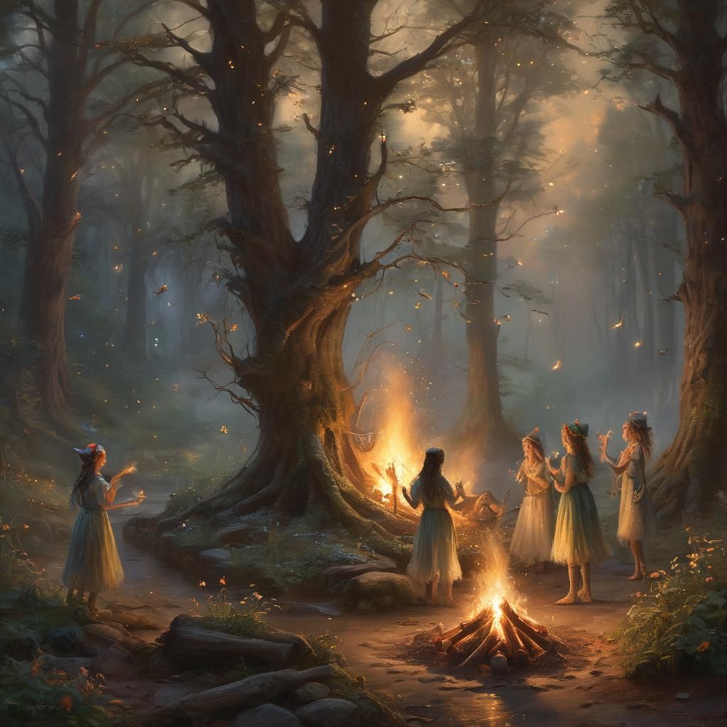 Elves Dancing Around Bonfire in Mystical Forest