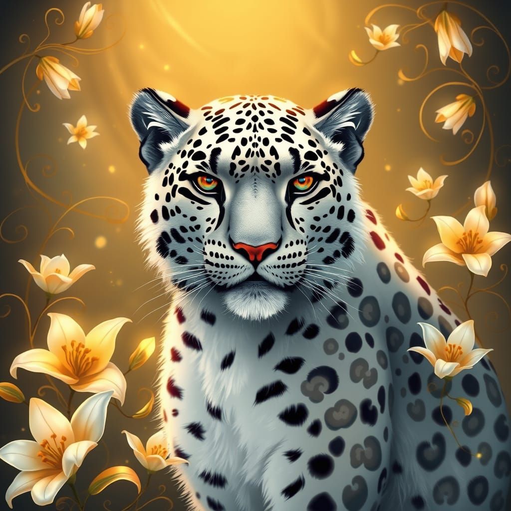 Majestic Snow Leopard in Whimsical Fantasy Illustration
