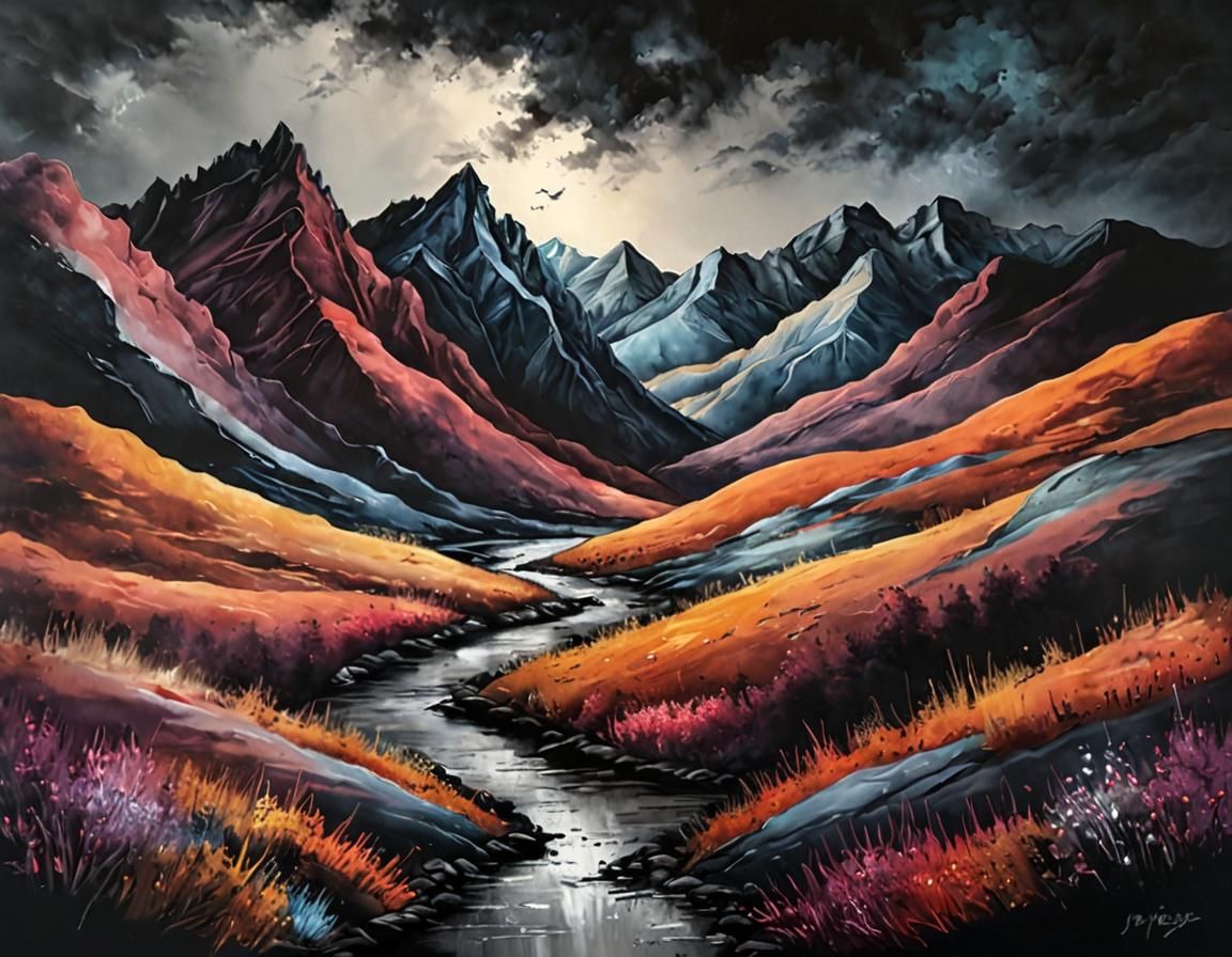 Pastel Mountain Range with Silver Ink, Oil Painting