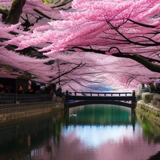 Samurai on Bridge in Cherry Blossom Town in Ukiyo-e