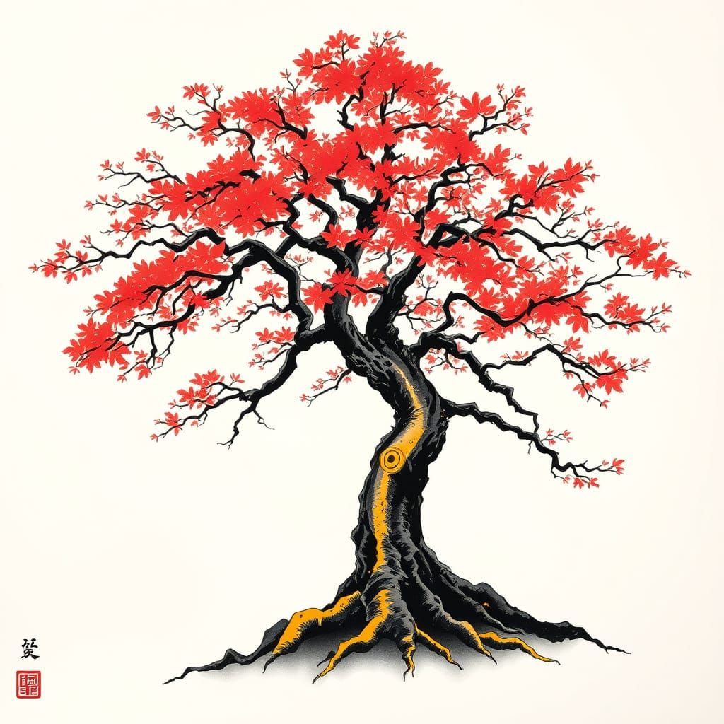 Majestic Japanese Tree in Traditional Ink Style