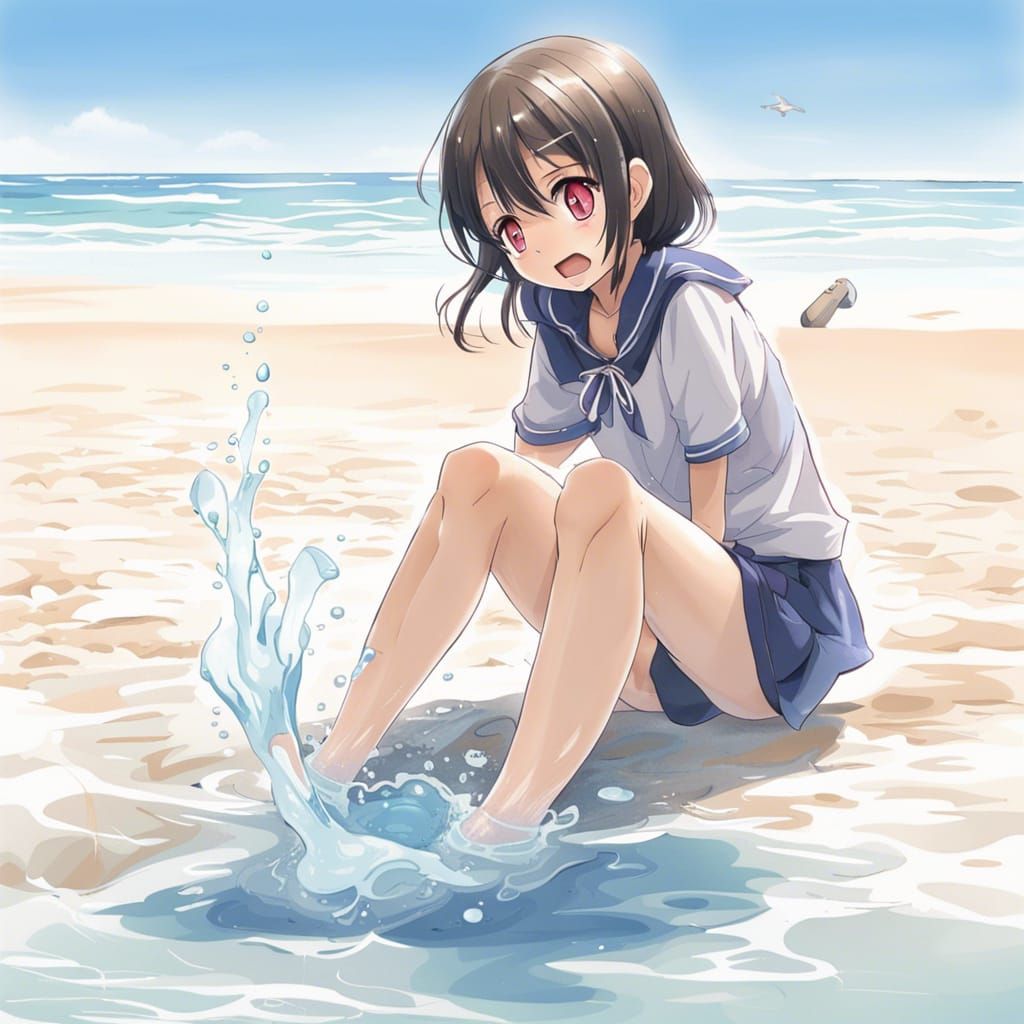 Anime Style: High School Girl at Beach
