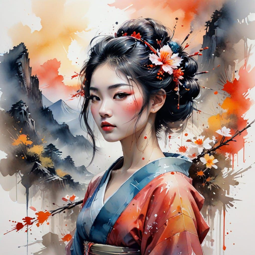 Surreal Geisha in Whimsical Japanese Sunset Landscape, Impas...
