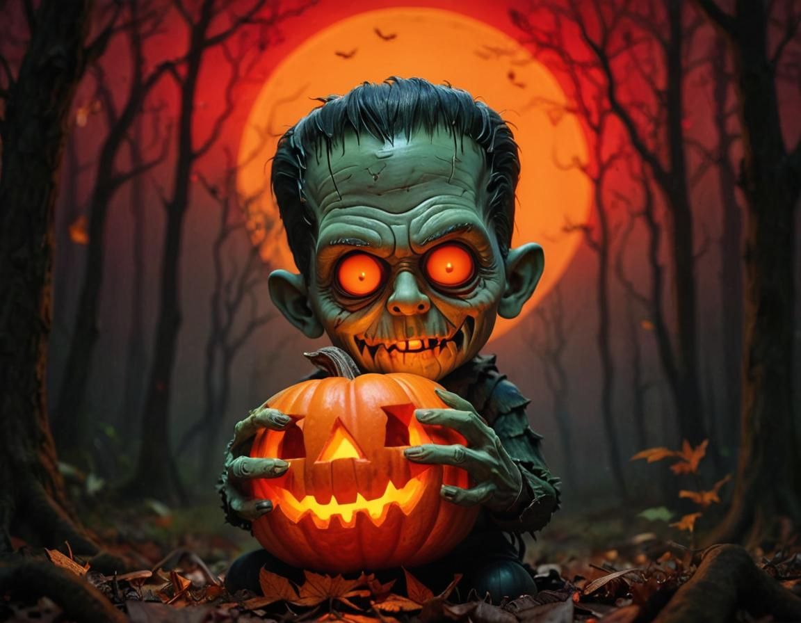 Chibi Frankenstein with Jack O'Lantern in Hyperrealistic Sty...