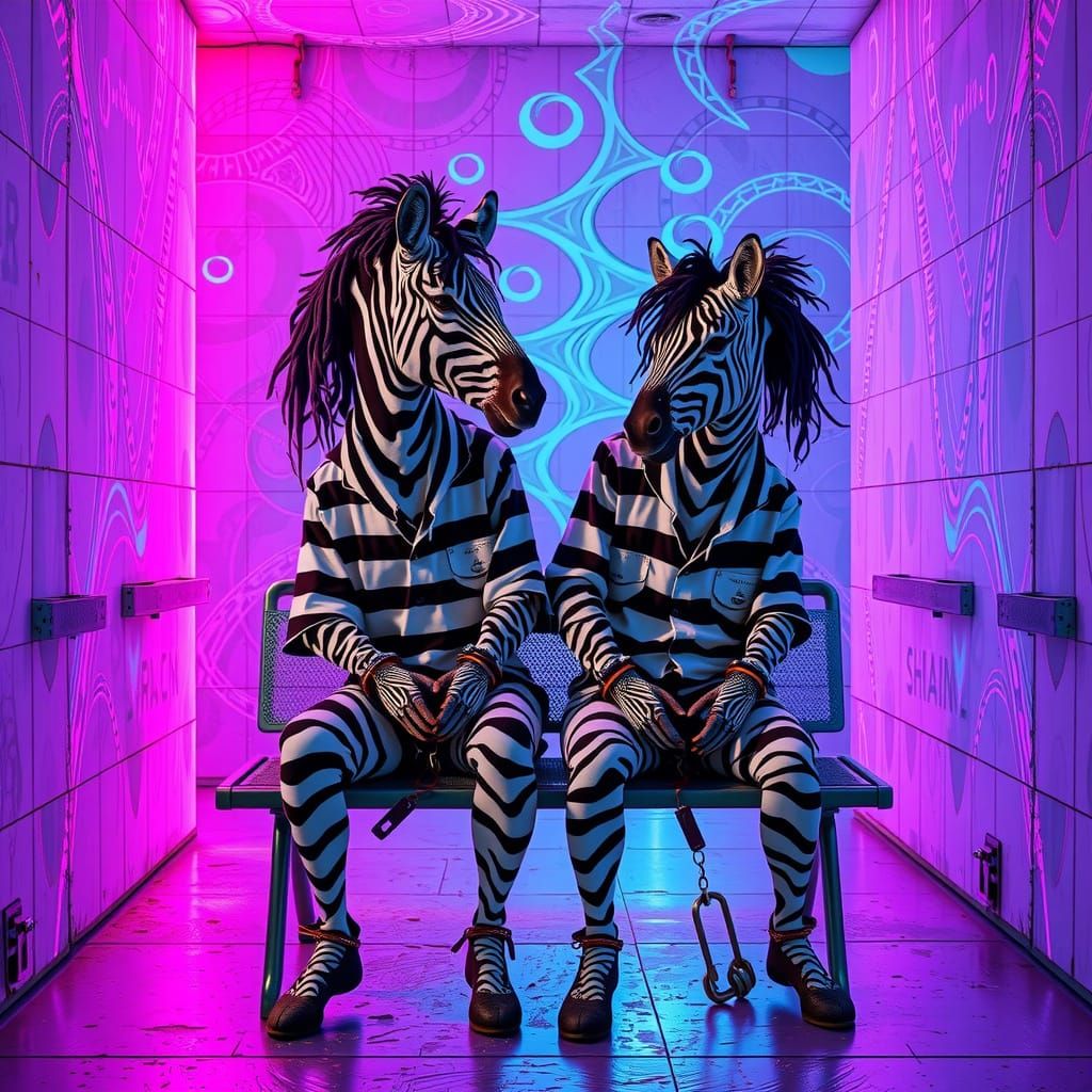 Humanoid Zebras in Neon-Lit Prison Converse in Cyberpunk Sty...