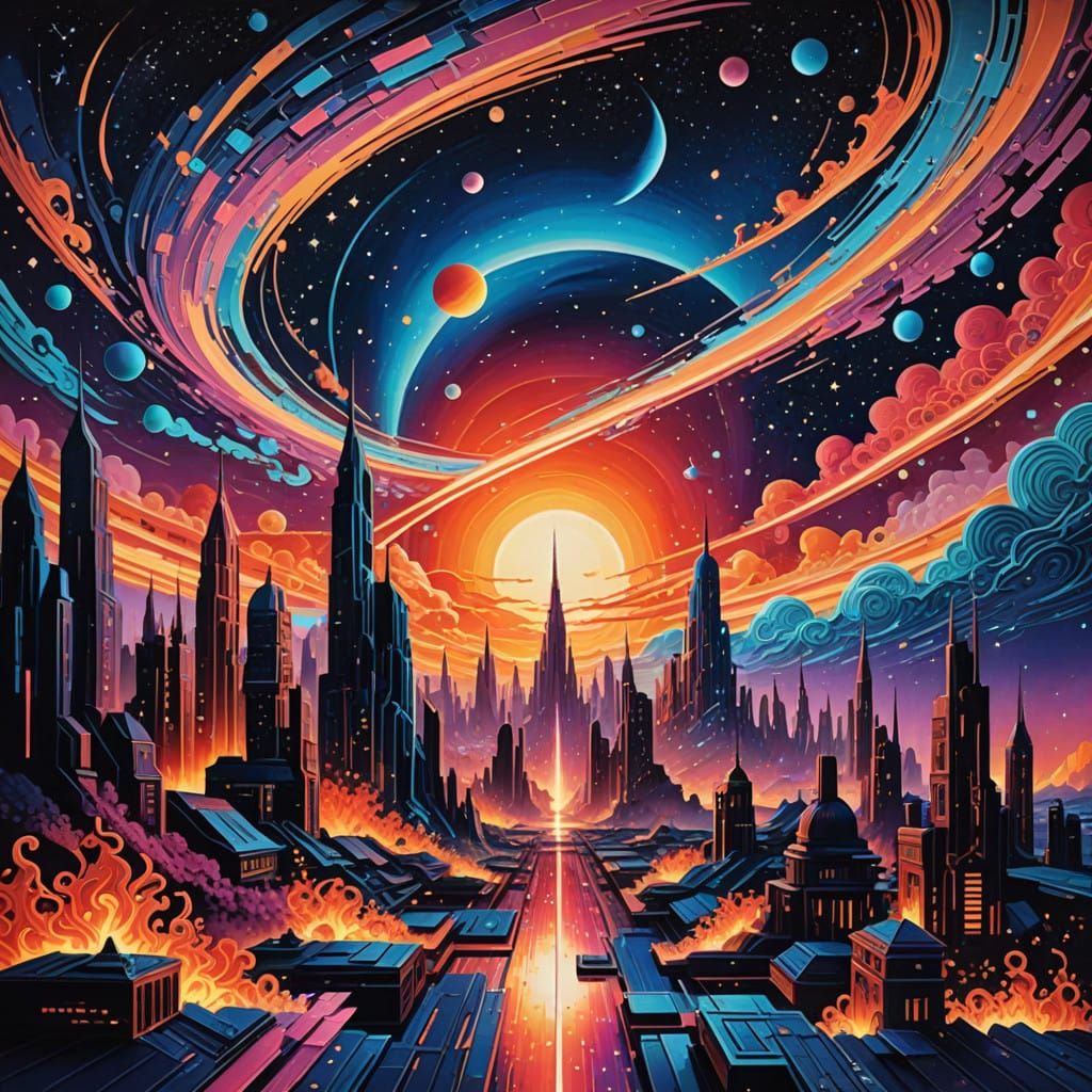 Surreal Cosmic Inferno in Vibrant Quilled Hues