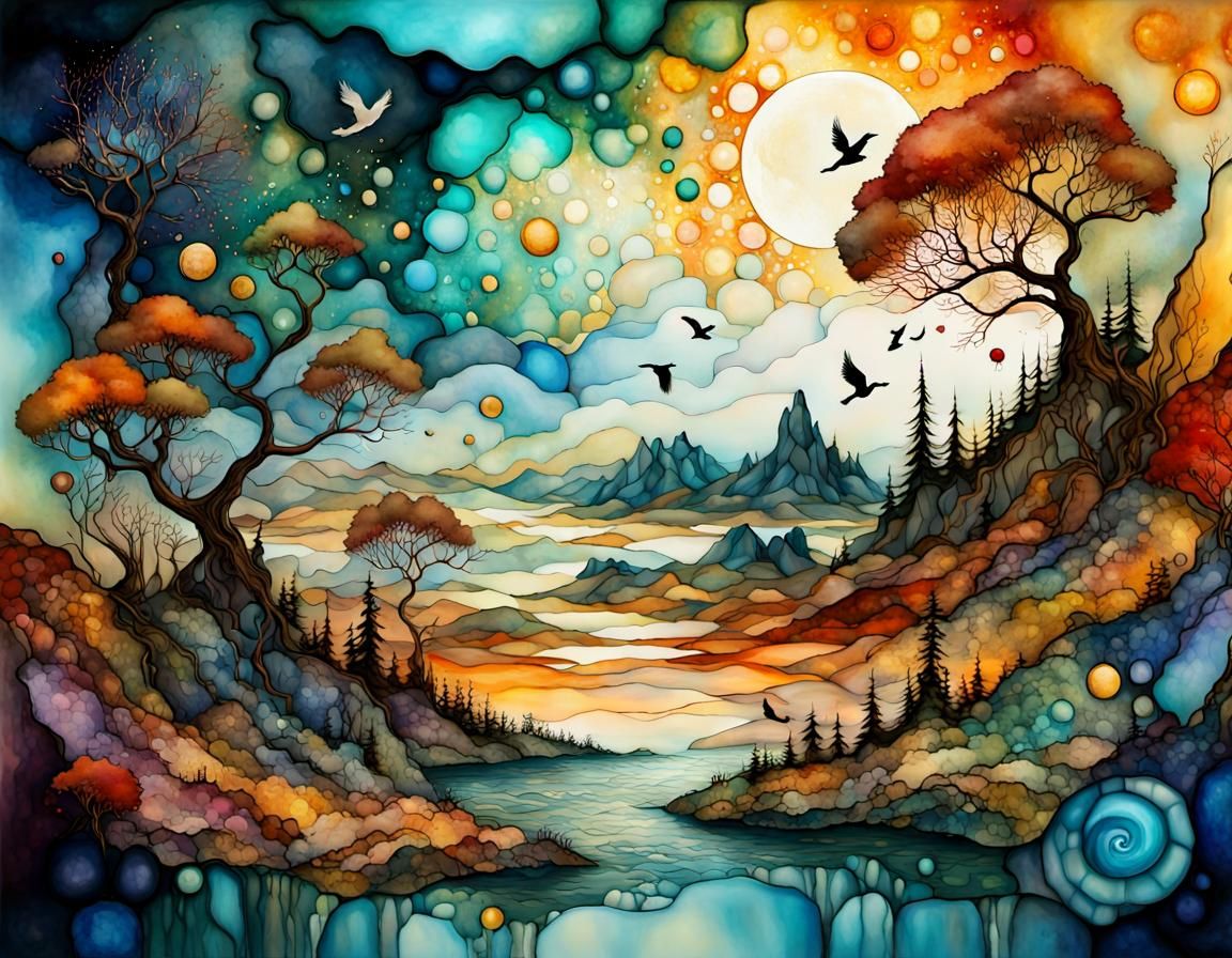 Abstract Ink Landscape in Mixed Media Style