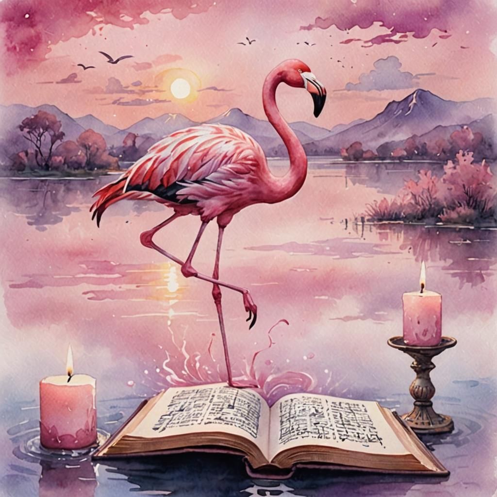 Pink Flamingo Watercolor Landscape with Calligraphy Book