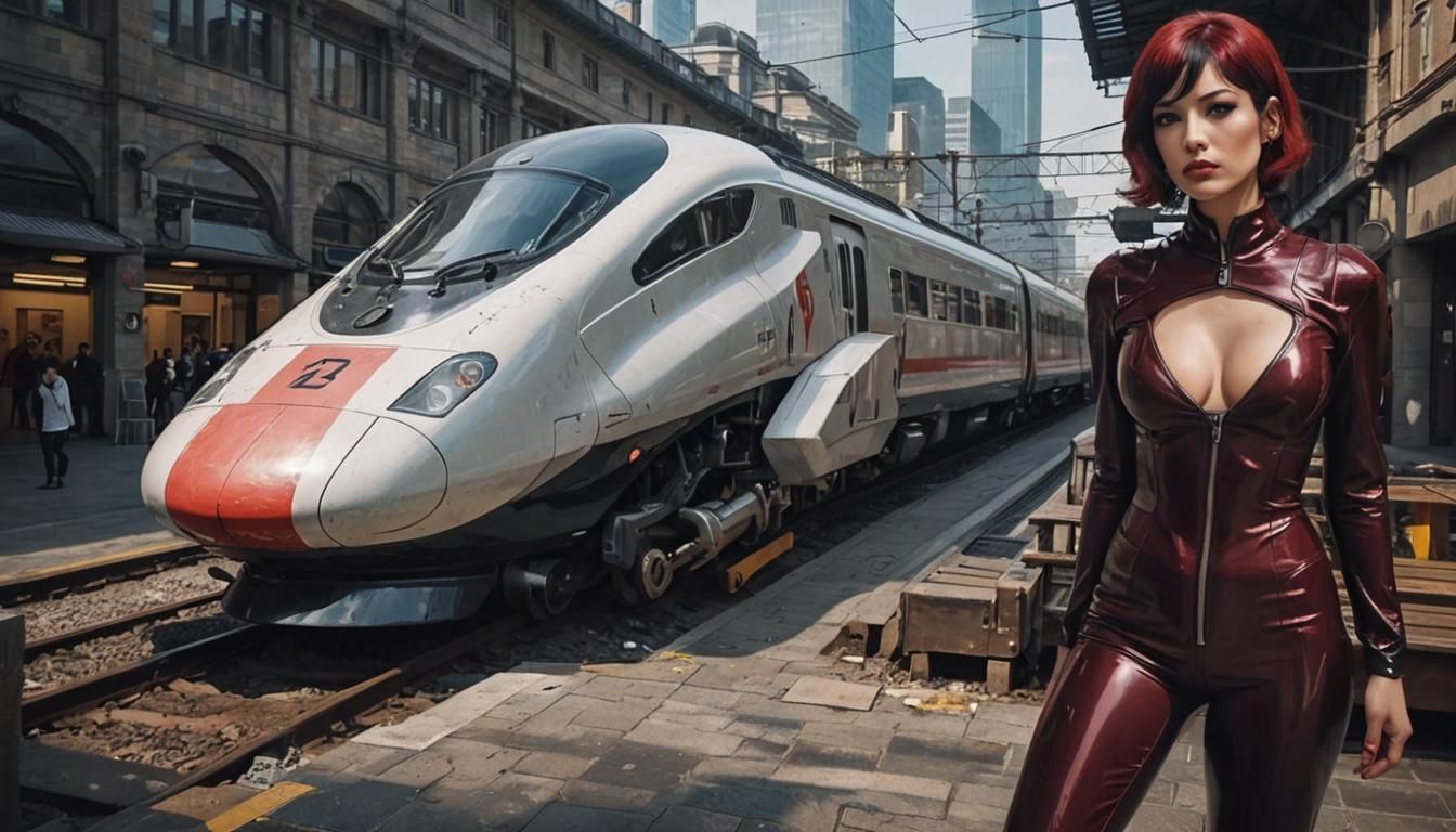 Woman in Latex Suit at Modern Train Station